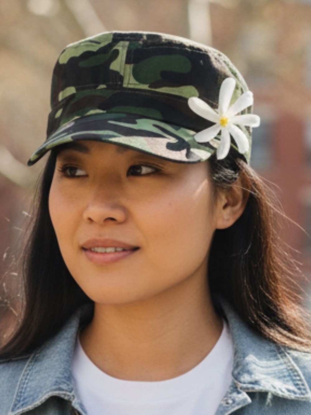 Army style green camouflage Tiare flower hat. Hawaiian hat Hawaii.